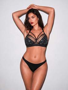 Qdormo 1pc Plus Size Wireless Rhinestone Decor Milk Silk Brassiere, Lingerie For Women,Sexy,Valentine's Day,Wedding - Black - View 3