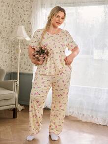 CottageSlumber Lettuce Edge Ditsy Floral Short Sleeve Long Pants Plus Size Women's Pajama Set - Yellow - View 8
