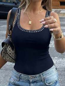 Avenya Women's Large U-Neck Stud Decor Vest - Navy Blue - View 5