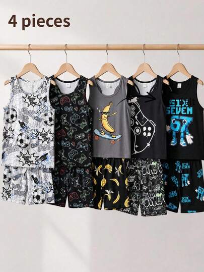 4pcs/Set Teen Boys' New Game Console & Football Pattern All-Over Print Tight Tank Top And Shorts Set