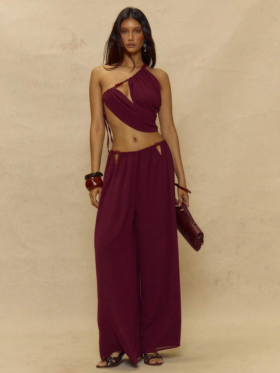 Red Chiffon Bead Detail Draped One Shoulder Top