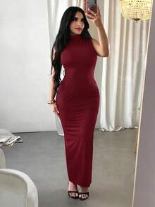 SHEIN SXY 酒紅色性感露背金屬扣無袖洋裝，適合派對、夜晚外出與夏季穿著 - 酒紅色 - 查看 2
