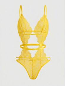 ROMWE Goth Eyelash Lace Sexy Bodysuit Lingerie - Yellow - View 2