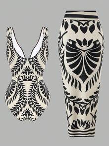 Swim Oasis Women's Elegant Black And White Botanical Print V-Neck One-Piece Swimsuit For Summer Beach Vacation With Beach Maxi Skirt - Multicolor - View 2