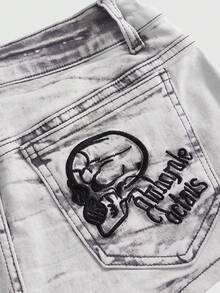 ROMWE Grunge Punk Y2K 千禧辣妹骷髏刺繡十字鉚釘超低腰女款牛仔短褲 - 白色 - 查看 4