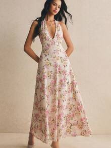 Poéselle Women's Floral Print Deep V-Neck Elegant Halter Dress - Apricot - View 5