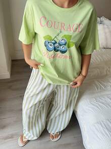 Dazy Plus 2pcs Set Printed Loose Short Sleeve T-Shirt & Striped Straight Leg Long Pajama Pants, Popular Green Color Sleepwear - Mint Green - View 5