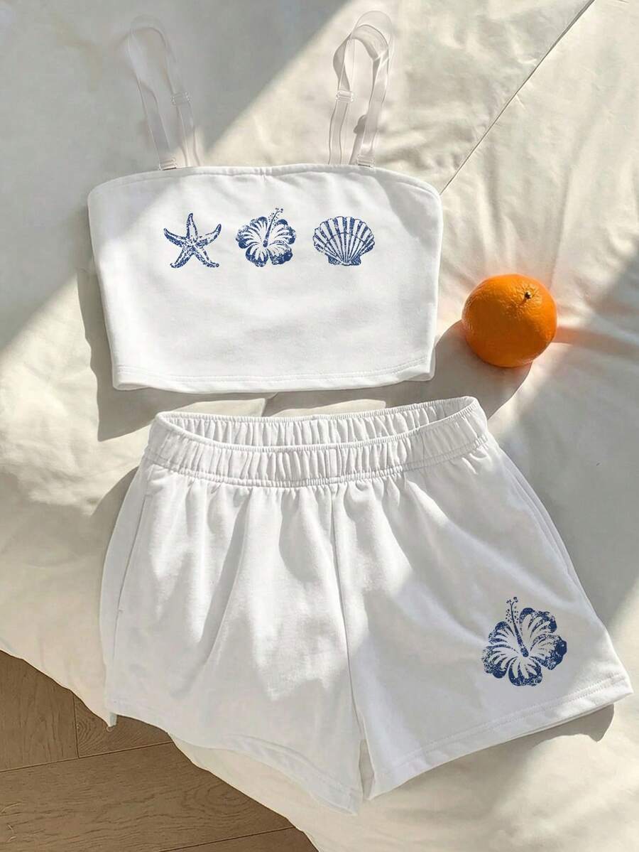 SHEIN 復古度假海洋生物海星貝殼、熱帶向日葵印花圖案,青少年女孩休閒極簡主義背心套裝,適合夏季、戶外野餐、出遊、街頭風、居家、校園、悠閒時光 - 彩色 - 查看 1