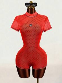 Mistrie 2026 Summer New Red Polka Dot Mesh Turtleneck Short Sleeve Backless Pleated Skinny Sheer Transparent Jumpsuit Set Suitable For Club Party - Red - View 3
