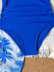 SHEIN Traje de baño de una pieza con falda y fruncido de unicolor para niña preadolescente, adecuado para vacaciones en la playa, fiesta en la piscina, fiesta en la playa - azul real - Ver 3
