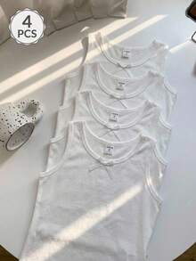 SHEIN 4件組新款熱門青少年女孩白色可愛蝴蝶結舒適休閒無袖內搭背心，適合居家或戶外穿著，夏季新品，四季皆宜 - 白色 - 查看 4