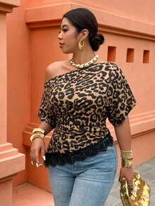 Weeklong Plus Size Women's Spring/Summer Asymmetric Neckline Asymmetric Hem Lace Patchwork Leopard Print Casual Sexy Business Casual Vacation T-Shirt - Multicolor - View 1