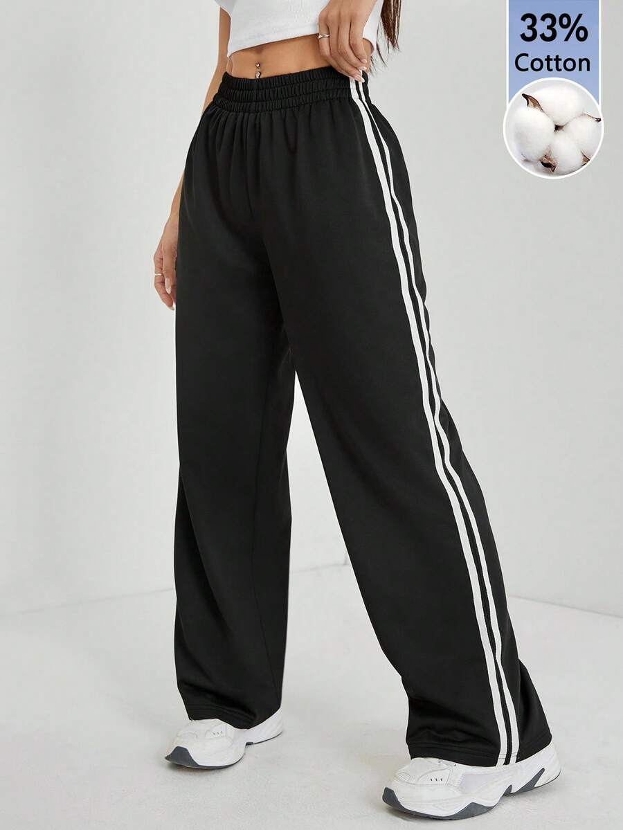 SHEIN PETITE 休閒黑色側條紋長褲 棉混紡舒適 - 黑色 - 查看 1
