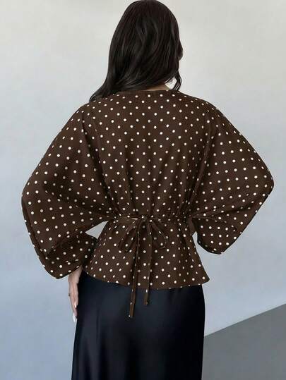 Firerie Women's New Minimalist Elegant Romantic Daily Casual Urban Commute Brunch Office Brown And White Polka Dot Round Neck Batwing Sleeve Blouse