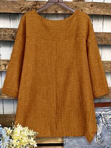 EMERY ROSE Plus Size Women's Textured Vacation Minimalist Asymmetrical Hem Crew Neck Shirt - Orange - View 2