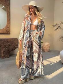 SHEIN طقم من قطعتين، طباعة نباتية، جاكيت كيمونو طويل، بنطال واسع الساق، ملابس منتجع، بطانية شاطئ للعطلات، بوهيمي استوائي بيج صيفي - متعدد الألوان - مشاهدة 3