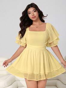 Solflare Plus Size Women's Solid Color Ruffle Sleeve Square Neck Pleated High Waist Jumpsuit - Pale Yellow - View 2
