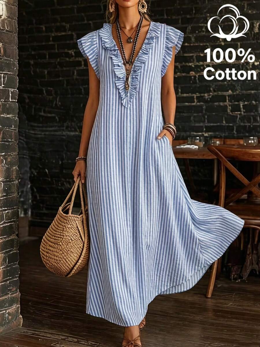 SHEIN Holidaya 清爽的蓝白竖条纹V领荷叶边下摆宽松A字连衣裙,适合外出、日常休闲穿着及更多场合。 - 藍白色 - 查看 1