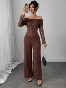 Modelyn French Style Off-Shoulder Square Neck Lace Patchwork Asymmetrical Long Sleeve Cropped Top & Wide Leg Trousers Women's High-End Elegant Slimming Suit Set - Brown - View 7