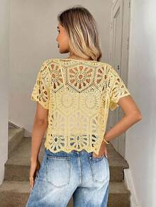 Easowa Cardigan femme jaune à manches courtes, ajouré, avec nœud papillon et lacets - Jaune d'oie - Voir 2