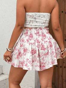 Sunnyshic Plus Size French Vintage Print Shorts, Shirred, Lace-Up, Ruffle, Elastic Waist Concealing Shorts, Blue Porcelain White Ruched Ruffle Mini Pants, High Waist Patchwork Shirred Pants, Suitable For Summer Vacation And Beach Trips, Travel Photography, Dates - Multicolor - View 2