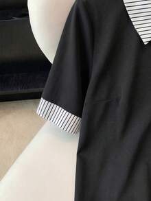 GlowEve CURVE 大尺碼春夏簡約休閒條紋拼接撞色百搭通勤女上衣 - 黑色 - 查看 6
