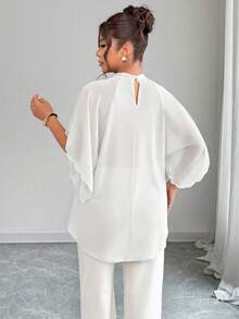 Elenzga Women's Plus Size Spring/Summer Round Neck Gathered Cuff Wavy Edge Design Loose Blouse - White - View 2