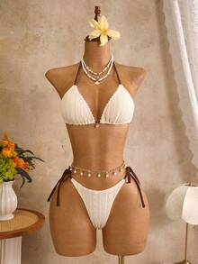 Bellisia Conjunto de 2 piezas de traje de baño para sol y playa de primavera/verano, traje de baño con falda de unicolor texturizado con contraste, espalda descubierta y cuello halter para mujeres - Beis - Ver 8