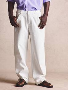 Musero Pantalón vaquero de pierna recta con cierre de botones y detalle de trabillas para cinturón, esencial para primavera y verano - Beis - Ver 2