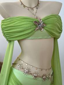 Noixe Women's Metal 3D Flower Decor Shoulder Top And Skirt Fashion Disco Sexy Two Pieces Set Club Party Rave Lime Green Autumn Light Green - Green - View 6