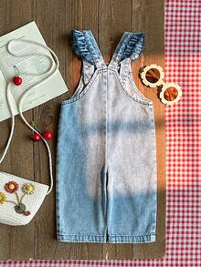 SHEIN Playful Pals 1件女嬰藍色牛仔休閒可愛刺繡花卉吊帶連身長褲，適合外出與派對，秋季穿著 - 紅色 - 查看 2