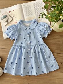SHEIN Playful Pals 女嬰夏季短袖洋裝，時尚百搭可愛藍白條紋蝴蝶結圖案印花領泡泡袖休閒學院風，清新條紋學院風泡泡袖襯衫短袖洋裝，適合春夏季外出、日常休閒舒適穿著，適合戶外玩耍與度假 - 藍色 - 查看 5