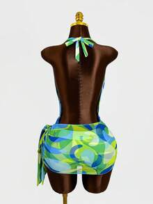 Zestiva Spring/Summer Green Colorblock Print Deep V-Neck Backless High-Cut Skirt Set Viral Hot Style Beach Party Vacation One-Piece Swimsuit With Mesh Skirt - Multicolor - View 3