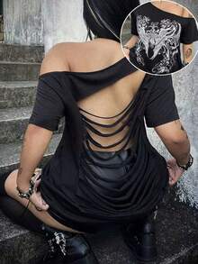 Whyspr Plus Size Casual Sexy Asymmetric Neck Back Cutout T-Shirt Print Top - Black - View 1