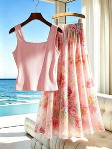 GlowEve Women's Light Pink Pink Floral Square Neck Cami Set Summer Single Breasted Fitted Top High Waist Printed Skirt Elegant Romantic Vacation Graduation - Multicolor - View 3