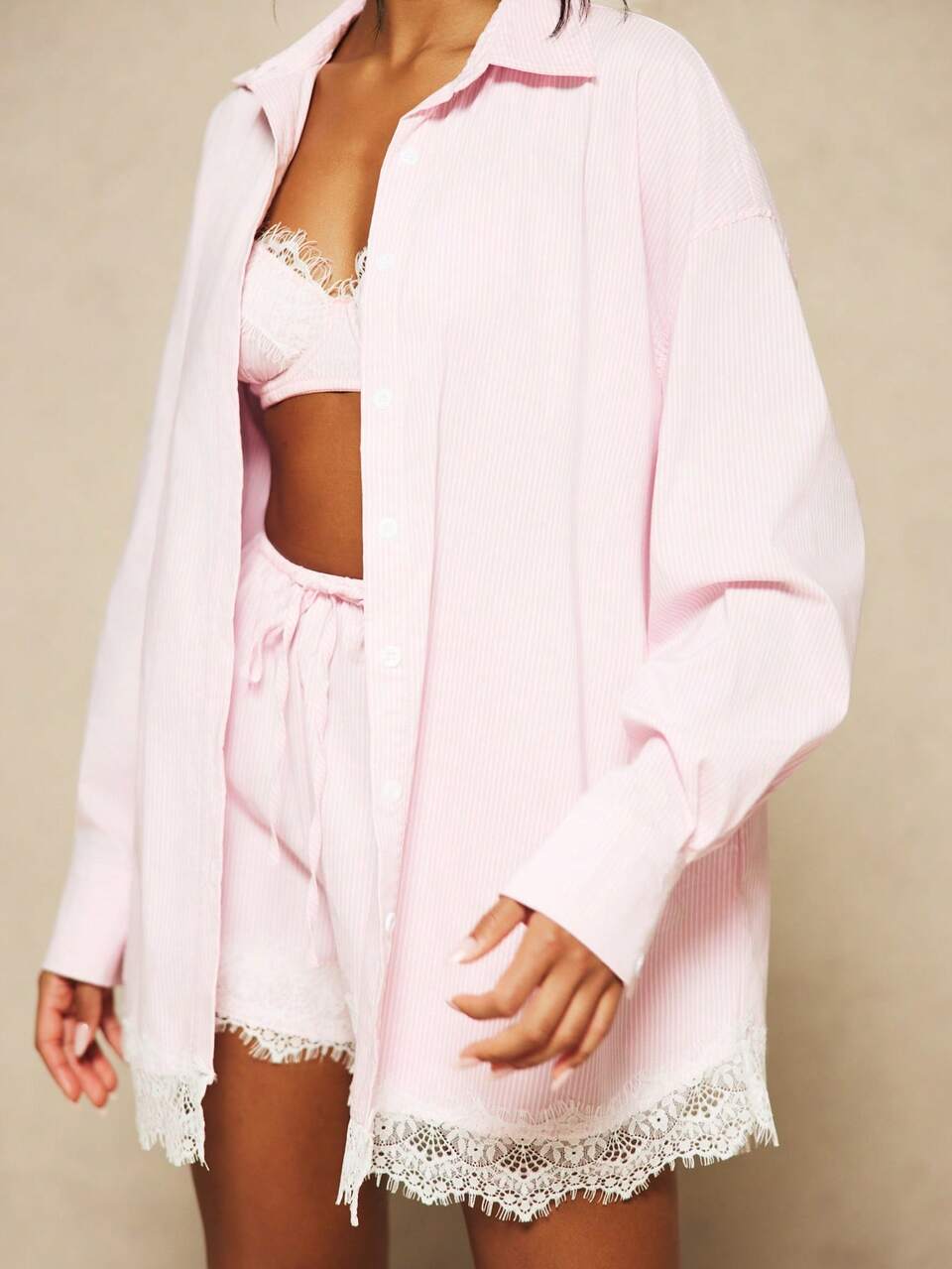 MISSGUIDED X Carli Bybel Oversized Pinstripe Button-Front Shirt With Lace Trim Detail Long Sleeve Relaxed Fit Spring Summer Top