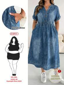 SHEIN CURVE+ Dark Blue Women's Plus-Size Loose Printed Dress,Sommar Casual Vacation Short-Sleeved Pocket Dress,Comfortable Church Homecoming Teacher Outfits - Blue - View 9