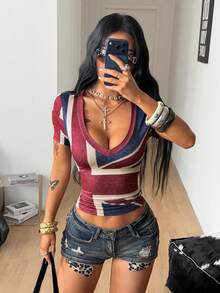 Coolane 女款春季街頭風音樂節休閒復古時尚龐克基本款條紋彈性舒適黑色修身T恤 - 彩色 - 查看 7