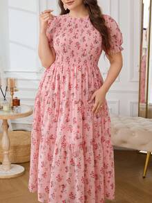 Modelyn Vestido largo de línea A con mangas abullonadas de gasa con estampado floral, talla grande, ajuste regular, primavera/verano - Rosa Pálido - Ver 6