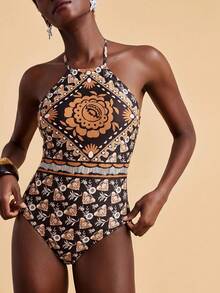 Travachic Women's Vacation Beach All-Over Print One-Piece Swimsuit Black Summer Boho - Multicolor - View 3