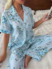 CottageSlumber Floral Print Lapel Short Sleeve Long Pants Pajama Set - Baby Blue - View 4