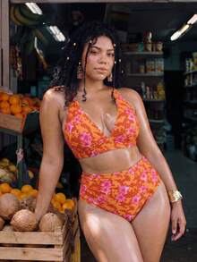 Swim Mod 2026 New Summer Plus Size Women 2pcs Set Random Print High Waist Triangle Bikini Bottom Ruched Casual Swimsuit - Orange - View 6