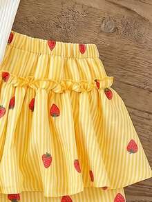 Emery Rose Kids Emery Rose Kids Set Atasan Camisole Bergaris-garis dengan Bordir Stroberi Kecil dan Celana Pendek Berumbai untuk Anak Perempuan - Kuning - View 8