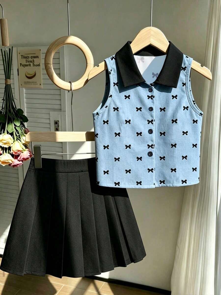 SHEIN Souflis 女童活力馬卡龍格紋領無袖百褶裙套裝,春夏新款輕盈舒適親膚 2 件套,適合畢業典禮、表演、生日派對、婚禮季節,學院風,青春清爽 - 藍色 - 查看 1