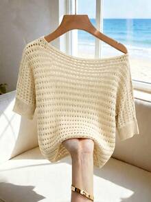 SHEIN Holidaya 夏季純色不對稱下擺鏤空針織上衣 - 駝色 - 查看 8