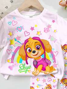 SHEIN | PAW Patrol 女童小女孩圓領字母卡通印花短袖T恤與短褲休閒日常套裝 - 彩色 - 查看 3