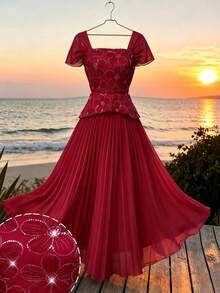 Modelyn 法式方領溫柔風亮片刺繡拼接修身百褶短袖優雅洋裝 - 紅色 - 查看 1