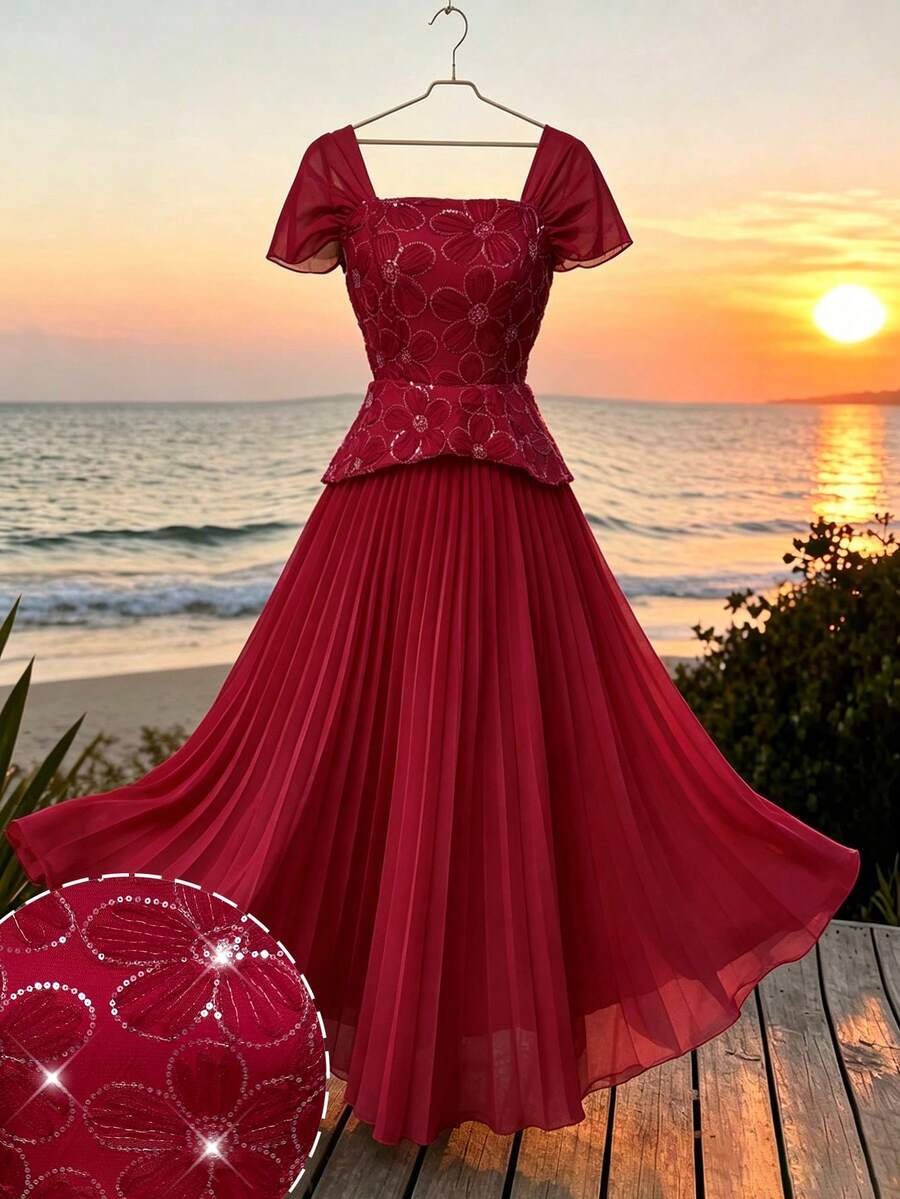 Modelyn 法式方領溫柔風亮片刺繡拼接修身百褶短袖優雅洋裝 - 紅色 - 查看 1