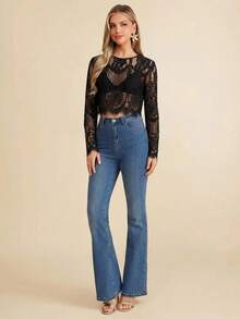 SHEIN Clasi Women's Lace Sexy Versatile Date & Outing Long Sleeve Top - Black - View 5