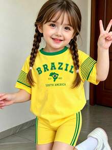 春夏秋女嬰創意個性化巴西五角星黃綠條紋黃底側邊雙綠條紋字母標語圖案休閒風基本短T恤與單車褲套裝 - 彩色 - 查看 3